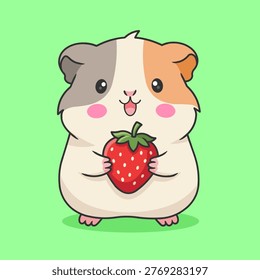 A cute and playful vector illustration of a guinea pig mascot holding a fresh strawberry, designed with a cheerful expression and soft, rounded shapes. 