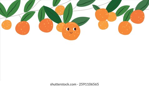 A cute and playful vector illustration of happy oranges hanging from a tree branch. Perfect for food-related designs, backgrounds, and healthy eating themes