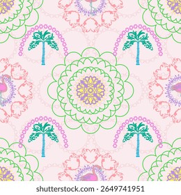 Cute playful vector pattern featuring palm trees, mandala style florals, and pastel decorative elements on a soft pink background. Ideal for kids clothing, boho branding, and summer themed designs.