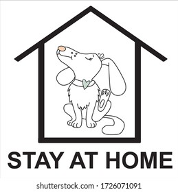 A cute, playful white dog with a heart sits in a house. It scratches the ear and rests. Caption - stay at home. Virus protection. Vector sketch outline