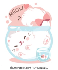 Cute playful white furry fluffy Persian cat, in fish bowl. Puss in fish bowl. Lovely, funny, so comfy. Gift tag, card, postcard, printing. Vector illustration.
