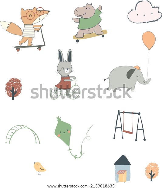 cute playground and animals drawing in vector for\
t-shirt print