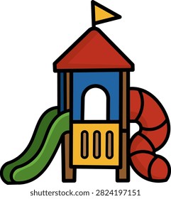 Cute playground slide tower play structure icon vector illustration with green and red slides isolated on white background.