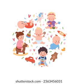 Cute playing babies characters arranged in circle. Playing children composed into decorative design element, flat vector illustration isolated on white background.