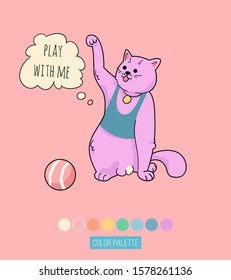 Cute playing cat quote print. Сat shouts meow, asks to play with him, isolated - sticker, patch badge, vector doodle icon. Talking Cat, doodle illustration with phrase in bubble speech.