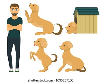 Cute playing dog character funny purebred puppy comic happy mammal breed animal character vector illustration.