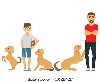 Cute playing dog character funny purebred puppy comic happy mammal breed animal character vector illustration.