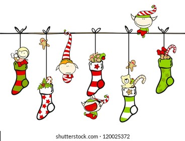 Cute playing elves with Christmas stockings