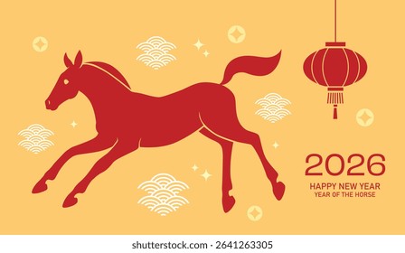 Cute playing foal silhouette year of the horse 2026 card. Lunar new year 2026 banner vector illustration with zodiac horse silhouette and various asian decorations.