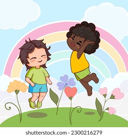 Cute playing jumping children in cartoon style on the background of the rainbow and the sky, in a meadow with flowers world children's day