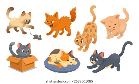 Cute playing kitties set in flat cartoon design. Collection isolated elements of different breeds and colours cats hunting mouse, jumping, angry, licking, hiding in box, sleeping. Vector illustration.
