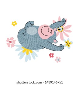 Cute playing smiling gorilla with flowers on the background. Animal clipart isolated on white. Funny background for a greeting card, childrens book or poster in vector.