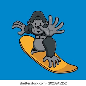 cute playing a surfboard summer gorilla. cartoon Animal Isolated Flat Style Sticker Web Design Icon illustration Premium Vector Logo mascot character