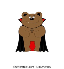 Cute pleased bear in costume of vampire. Halloween cartoon vector illustration for children.