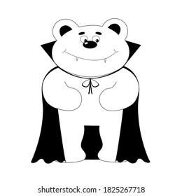 Cute pleased bear in costume of vampire. Halloween cartoon vector illustration for children. Black and white.