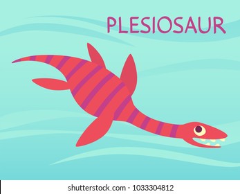 Cute Plesiosaur swimming. Dinosaur life. Vector illustration of prehistoric character in flat cartoon style isolated on underwater background. Funny pink Plesiosaurus. Element for design.