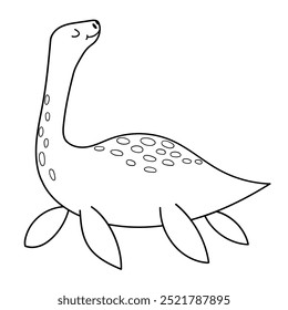 Cute plesiosaurus in black and white isolated element. Funny dinosaur of jurassic period for kids design. Prehistorical water dino clipart in outline for coloring. Vector illustration