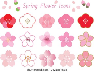 Cute plum blossoms, cherry blossoms, peach blossoms spring flower icon illustration set