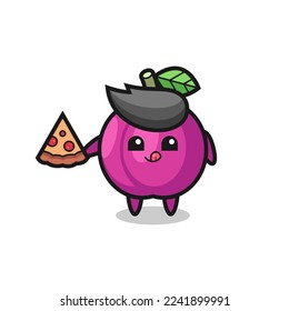 cute plum fruit cartoon eating pizza , cute style design for t shirt, sticker, logo element