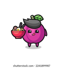 cute plum fruit character eating noodles , cute style design for t shirt, sticker, logo element