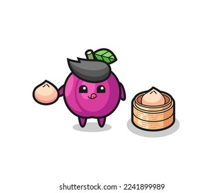 cute plum fruit character eating steamed buns , cute style design for t shirt, sticker, logo element