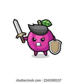 cute plum fruit soldier fighting with sword and shield , cute style design for t shirt, sticker, logo element