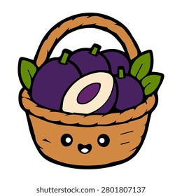 Cute plum mascot logo with playful vector illustration elements  bold outlines  vibrant flat colors  and a cheerful kawaii cartoon styl
