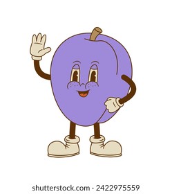 Cute plum mascot vector illustration. Funny retro cartoon fruit character on white background. 