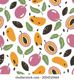 Cute plum seamless pattern. Bright plums, lobules, leaves and seeds. Vector flat hand drawn illustration
