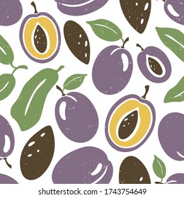 Cute plum seamless pattern. Ripe plum, plum lobules and seeds on white background. Vector shabby hand drawn illustration