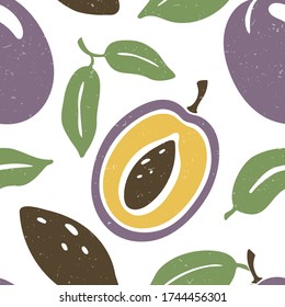 Cute plum seamless pattern. Ripe plum, plum lobules and seeds on white background. Vector shabby hand drawn illustration