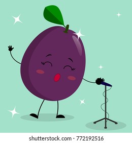 Cute plum Smiley in a cartoon style sings into the microphone. Flat design, vector illustration.