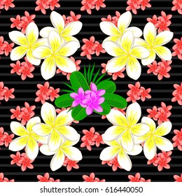 Cute plumeria flowers pattern. Watercolor seamless pattern on striped background. Vector floral print on a black background.