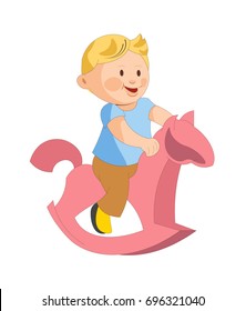 Cute plump boy rides toy horse isolated illustration