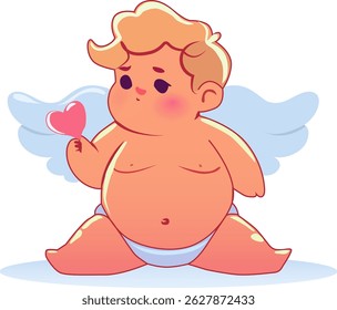 Cupido de caroço bonito sentado com coração - Ilustração de anjo de vetor plano para o Dia dos Namorados e tema de amor