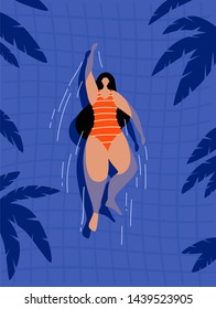 Cute plump girl in a striped bathing suit floating in a blue pool. Top view. Trendy types of water activities in the summer. Vector illustration in flat style.