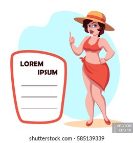 Cute plump girl in a swimsuit and hat with text bubble. clip-art cartoon vector illustration eps10.