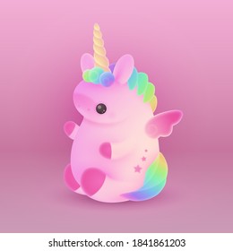 Cute plump pink unicorn with horn, rainbow hair, mane look like 3d rendering. Holiday, birthday  illustration for postcard greeting card, banner, decor, design, arts,  party on pink background.