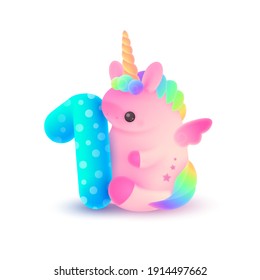 Unicornio rosa de plumaje con cuerno, pelo arcoiris y número azul 1. Festividad, ilustración de cumpleaños para tarjeta postal de saludo, banner, decoración, diseño, artes, fiesta sobre fondo blanco.