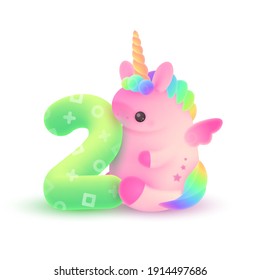 Unicornio rosa de plumaje con cuerno, pelo arcoiris y número 2 verde. Festividad, ilustración de cumpleaños para tarjeta postal de saludo, banner, decoración, diseño, artes, fiesta sobre fondo blanco.