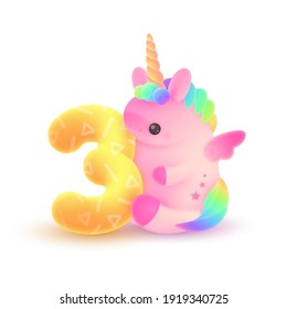 Unicornio rosa de plumaje con cuerno, pelo arcoiris y verde número 3. Festividad, ilustración de cumpleaños para tarjeta postal de saludo, banner, decoración, diseño, artes, fiesta sobre fondo blanco.