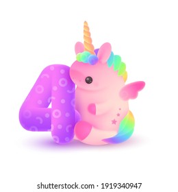 Unicornio rosa de plumaje con cuerno, pelo arcoiris y número verde 4. Festividad, ilustración de cumpleaños para tarjeta postal de saludo, banner, decoración, diseño, artes, fiesta sobre fondo blanco.