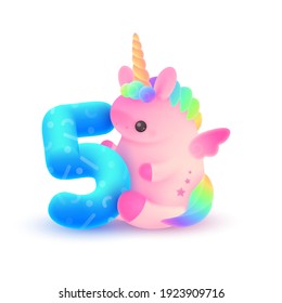 Unicornio rosa de plumaje con cuerno, pelo arcoiris y número 5 azul. Festividad, ilustración de cumpleaños para tarjeta postal de saludo, banner, decoración, diseño, artes, fiesta sobre fondo blanco.