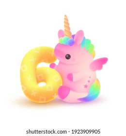 Unicornio rosa de plumaje con cuerno, pelo arcoiris y amarillo número 6. Festividad, ilustración de cumpleaños para tarjeta postal de saludo, banner, decoración, diseño, artes, fiesta sobre fondo blanco.