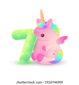 Unicornio rosa de plumaje con cuerno, pelo arcoiris y verde número 7. Festividad, ilustración de cumpleaños para tarjeta postal de saludo, banner, decoración, diseño, artes, fiesta sobre fondo blanco.