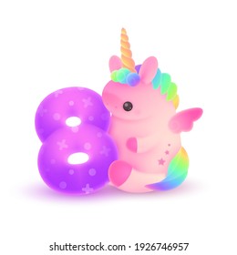 Unicornio rosa de plumaje con cuerno, pelo arcoiris y púrpura número 8. Festividad, ilustración de cumpleaños para tarjeta postal de saludo, banner, decoración, diseño, artes, fiesta sobre fondo blanco.