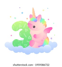 Cute plump pink unicorn with  rainbow hair and green number 3 sitting on blue cloud with stars around. Holiday, birthday  illustration for postcard greeting card, banner, party on white background.