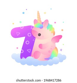 Cute plump pink unicorn with  rainbow hair and purple number 7 sitting on blue cloud with stars around. Holiday, birthday  illustration for postcard greeting card, banner, party on white background.