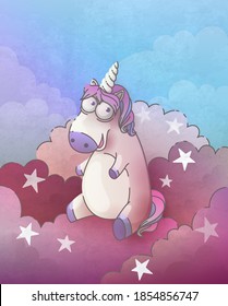 Un unicornio sonriente y chispeante sentado en la nube rodeado de estrellas