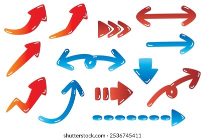 Ein niedliches, plumpes, dreidimensionales Pfeilsymbol. Rot und blau.